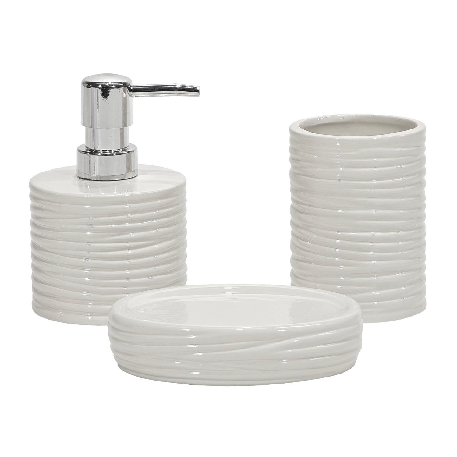VESTIAMO CASA - Set Bagno 3 pezzi in Ceramica Bianca Finitura a rilievo Effetto Ondulato